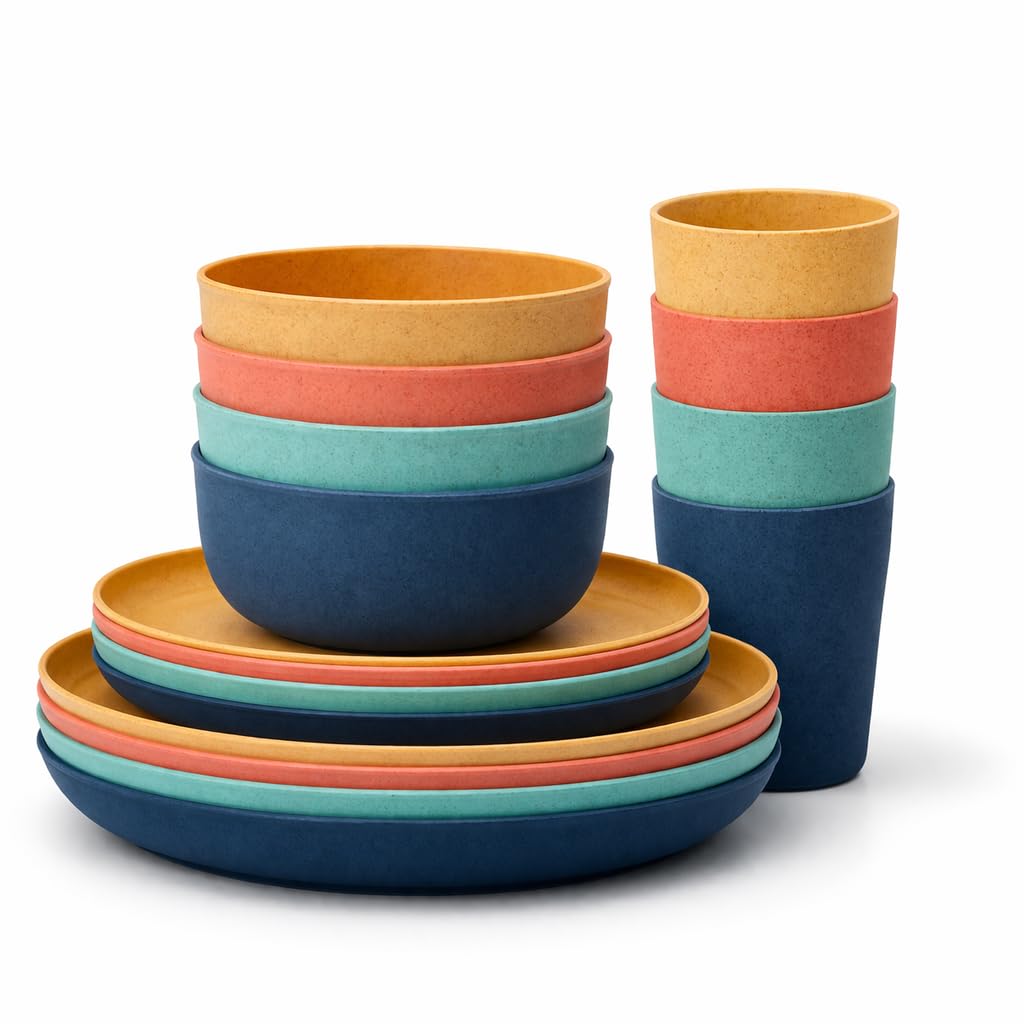 Version 1.0.0 Wheat Straw Dinner Set (16 Pieces) | Eco-Friendly Plates, Bowls & Glasses Set | Lightweight, Unbreakable, BPA-Free Tableware | Reusable Dining Set for Home, Kids & Travel - Image 1